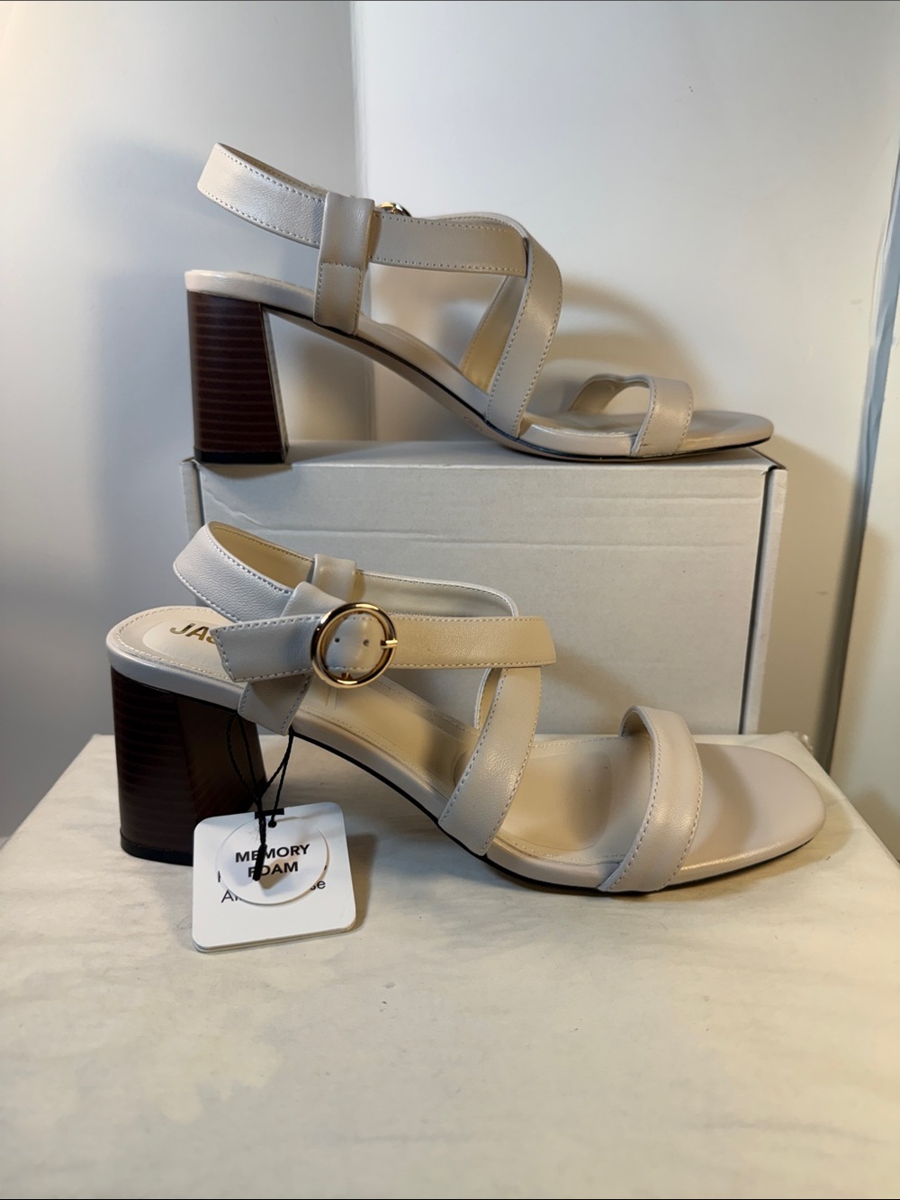 Jason Wu Cream Strappy Block Heel Sandal with Gold Ring Buckle
